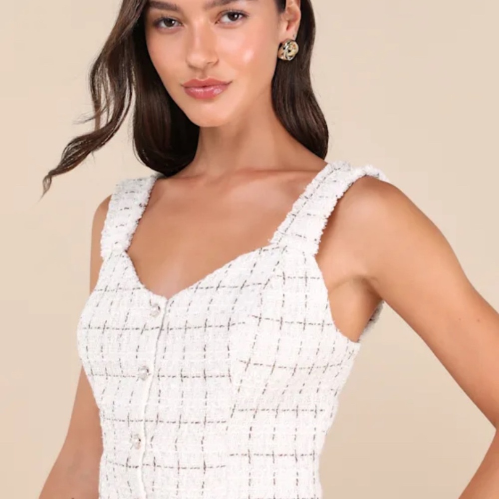 Lulus Upscale Instinct Ivory and Brown Tweed Button-Front Tank Top size XS